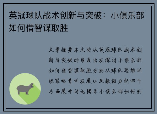 英冠球队战术创新与突破：小俱乐部如何借智谋取胜